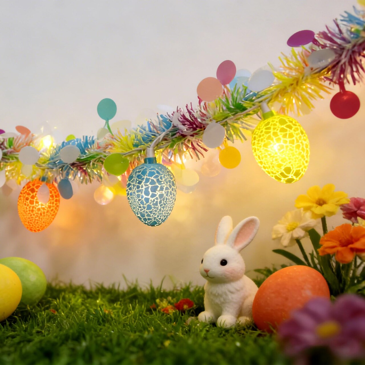 8.5Ft Easter Garland Lights with 10L LED Easter Egg String Lights Plug in and Pastel Tinsel Spring Garland Decorations for Indoor Holiday Home Bedroom Classroom Easter Decor